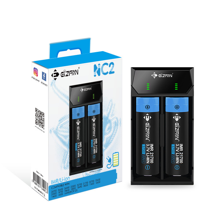 Eizfan Hot Selling NC2 Battery Charger for 18650 21700 Battery 2 Slots LED Charger 1A*2 Type-C Battery Charger