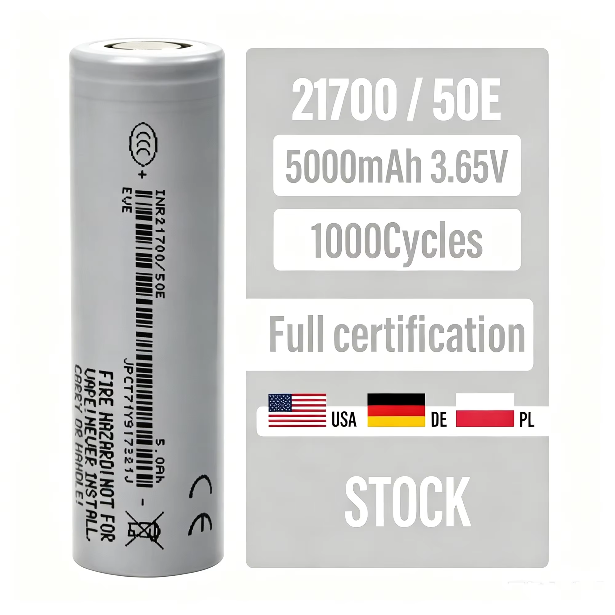 EU Stock NCM 21700 3.6V 5000mah 3.7V Battery Rechargeable 1000cycles Li Lon 21700 Battery Cylindrical Lithium Lon Battery