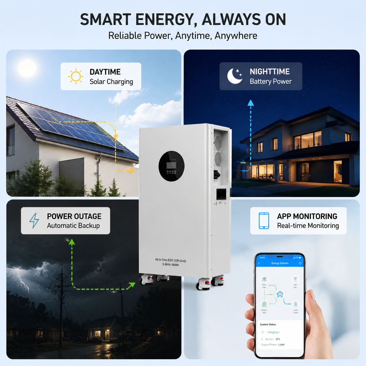 8Sistema de almacenamiento de batería doméstico kWh con inversor híbrido de 3,6 kW Almacenamiento de energía solar LiFePO4 todo en uno para energía de respaldo residencial - Imagen 3