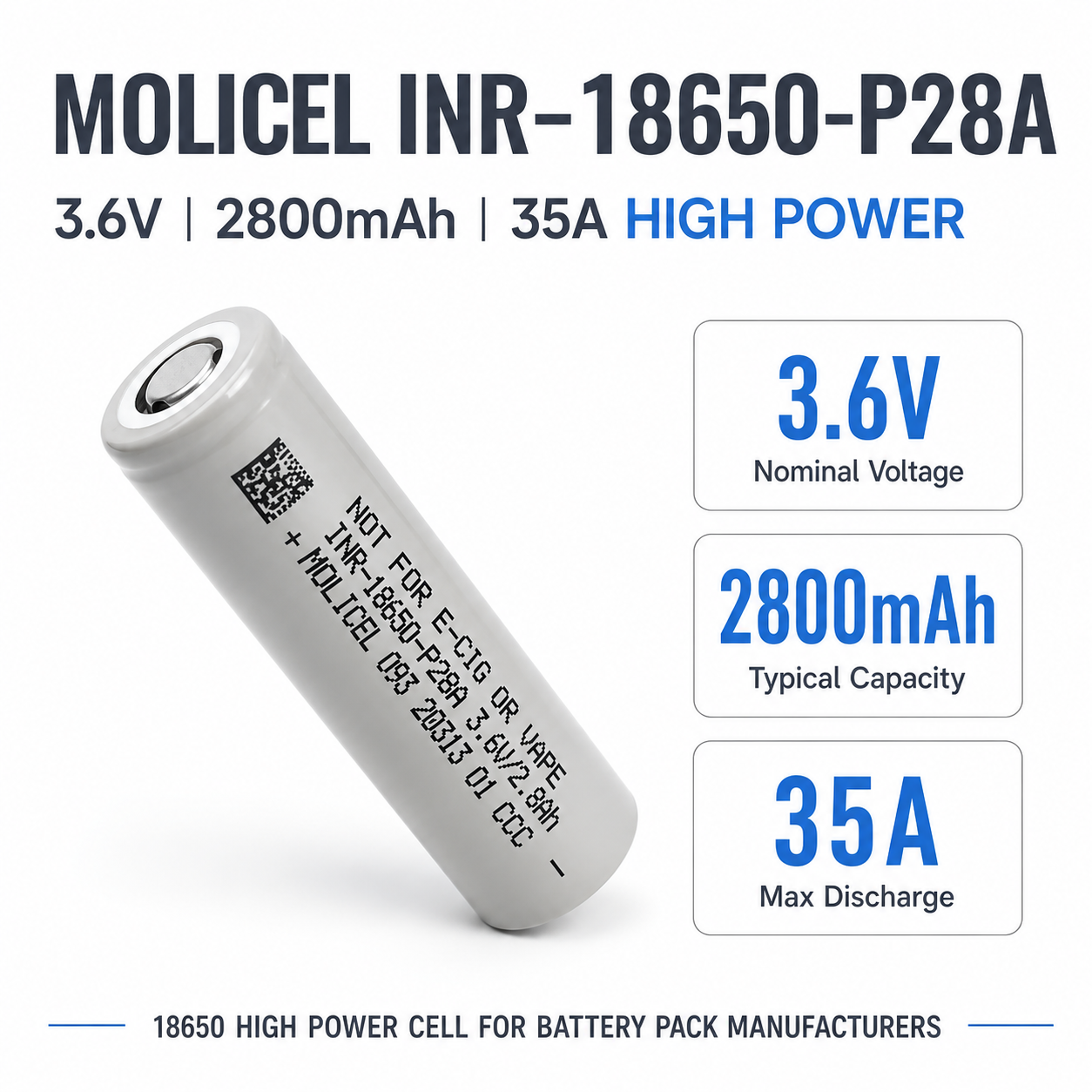 INR 18650 P28A 2800mAh 35A High Discharge Lithium-ion Battery Cell | 18650 High Power Cell