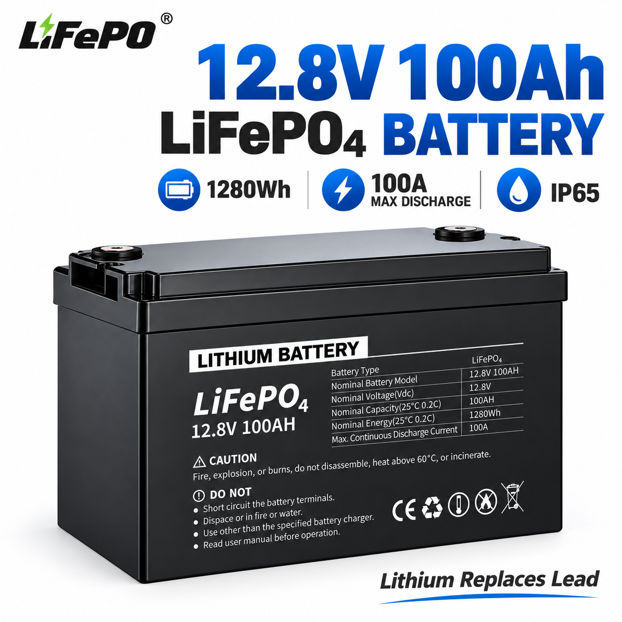 12.8V 100Ah LiFePO4 Battery 1280Wh Rechargeable Lithium Battery for RV Camper Marine Solar and Off-Grid Applications