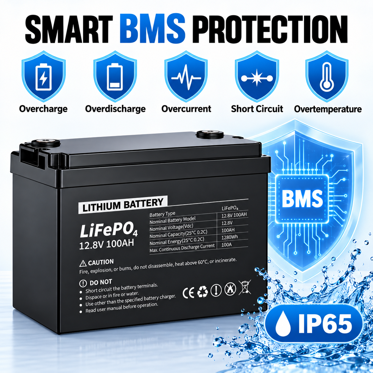 12.8V 100Ah LiFePO4 Battery 1280Wh Rechargeable Lithium Battery for RV Camper Marine Solar and Off-Grid Applications - Image 4