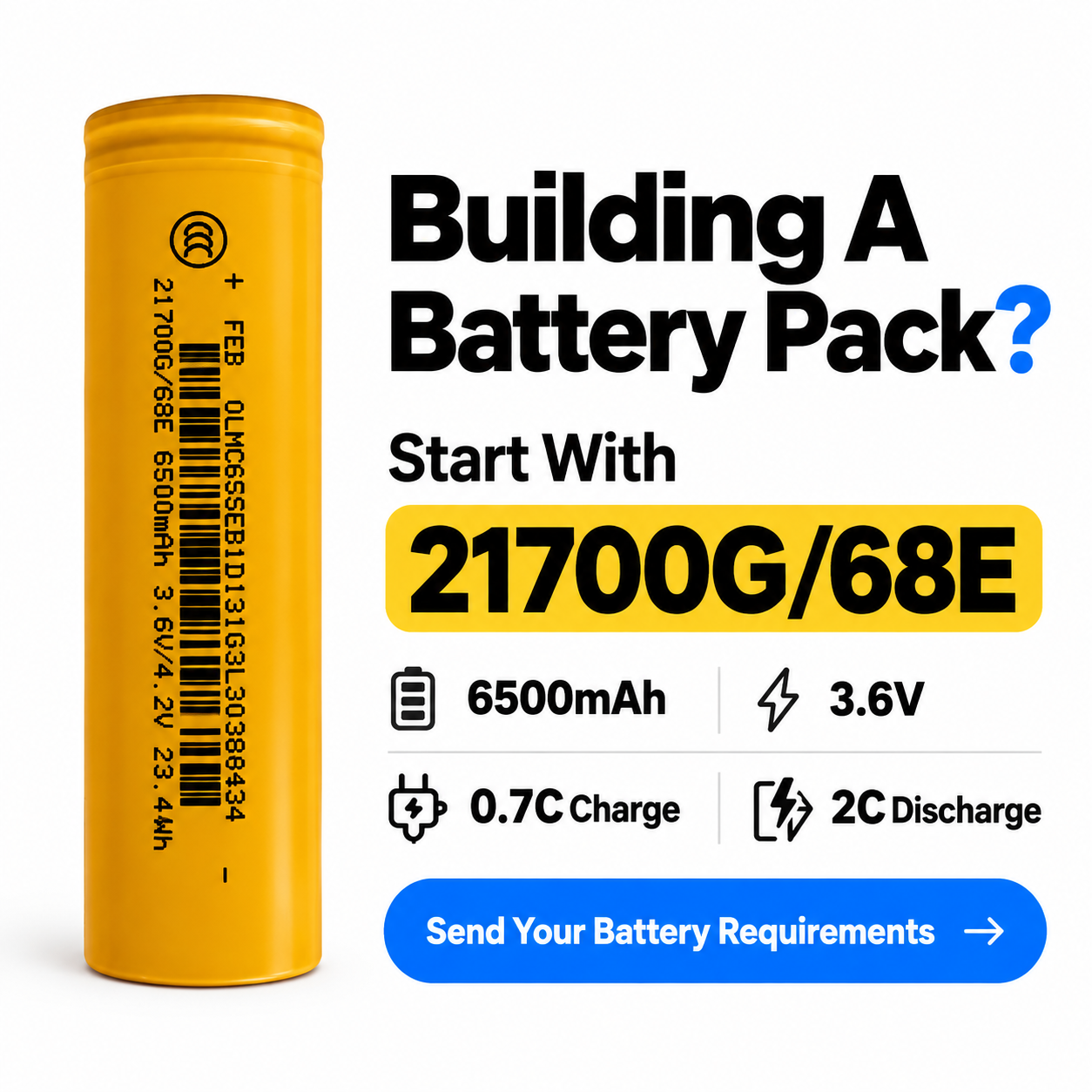 21700G/68E 6500mAh Lithium-ion Rechargeable Cell 3.6V High Capacity Cylindrical Battery for Portable Power and Energy Applications - Image 2