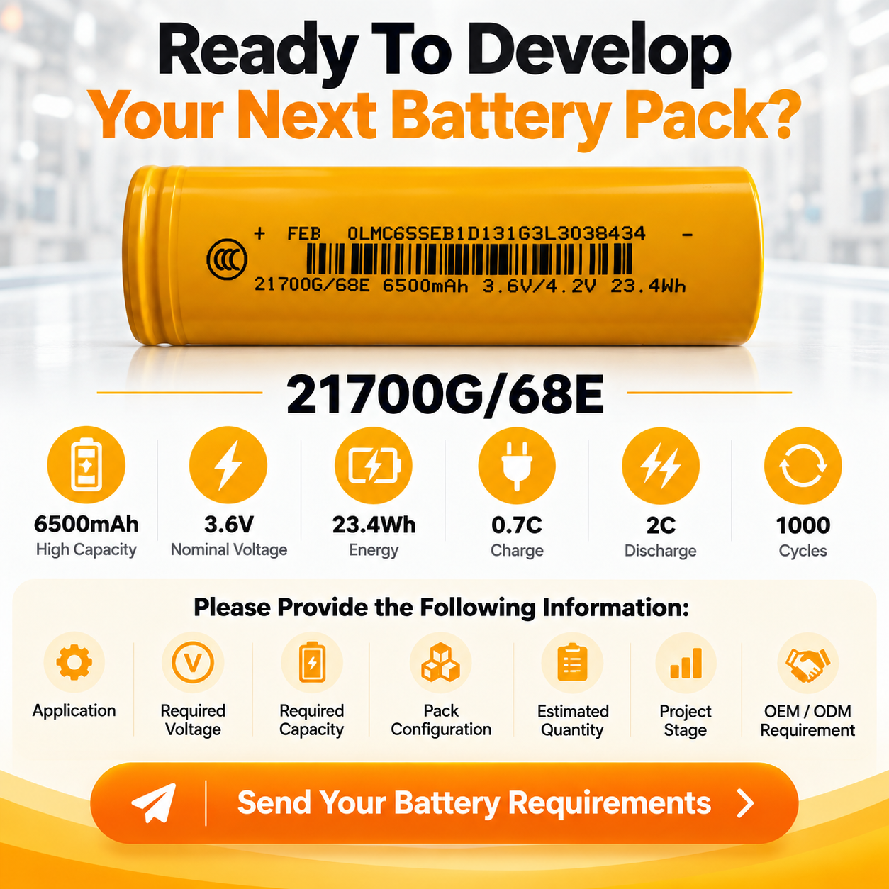 21700G/68E 6500mAh 3.6V Lithium-ion Rechargeable Cell for Custom Battery Pack OEM ODM Applications - Image 3
