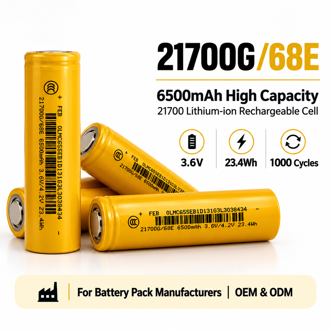 21700G/68E 6500mAh Lithium-ion Rechargeable Cell 3.6V High Capacity Cylindrical Battery for Portable Power and Energy Applications