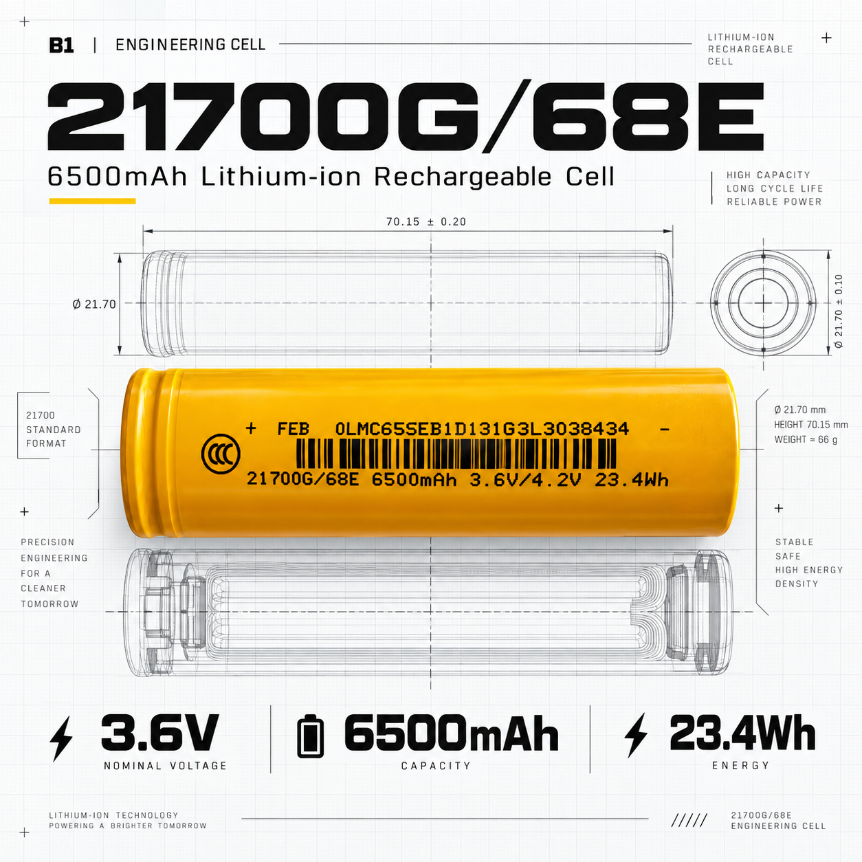 21700G/68E 6500mAh 3.6V Lithium-ion Rechargeable Cell for Custom Battery Pack OEM ODM Applications