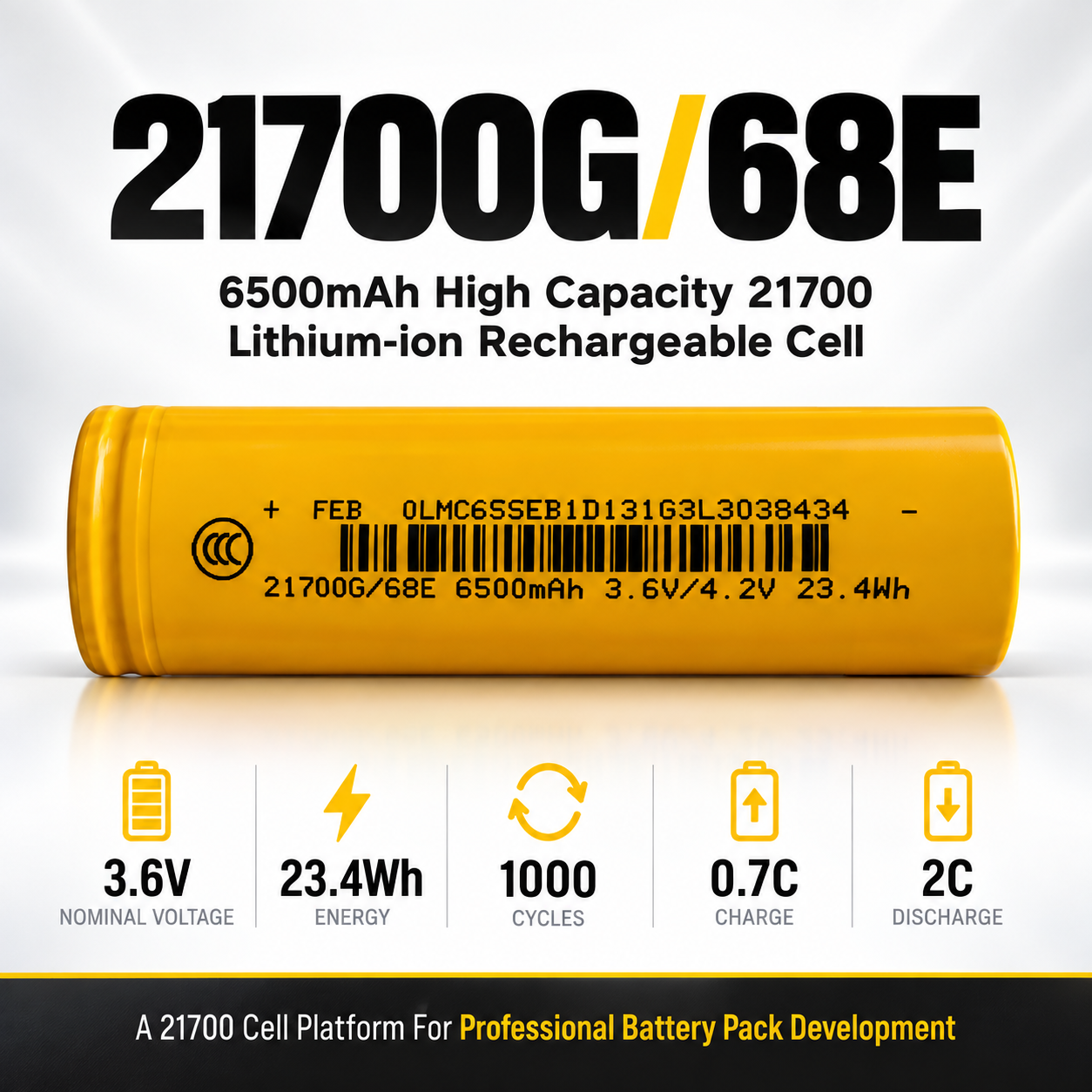21700G/68E 6500mAh Lithium-ion Rechargeable Cell 3.6V High Capacity Cylindrical Battery for Portable Power and Energy Applications - Image 4