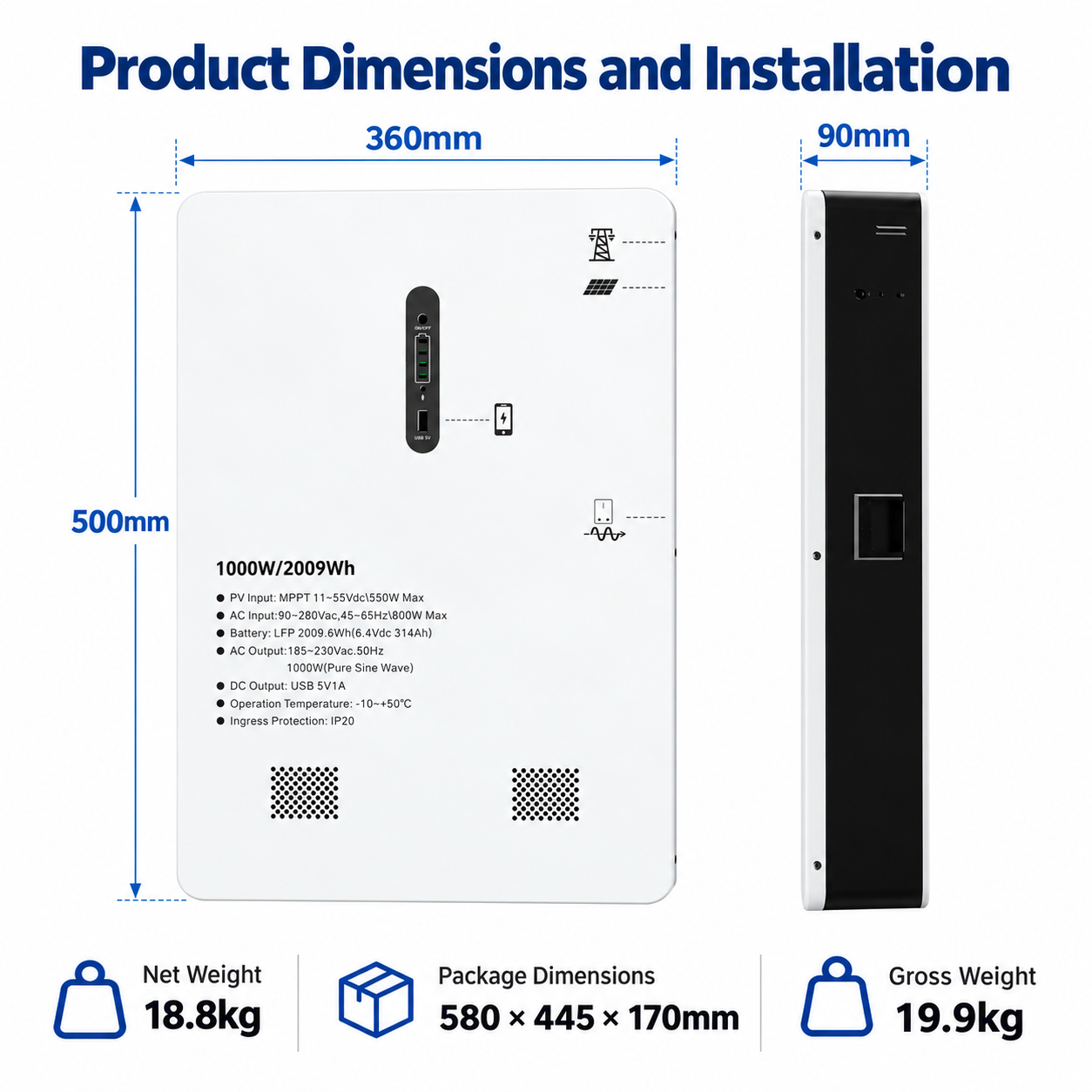 Wall-Mounted All-in-One Energy Storage System 1000W 2000Wh LiFePO4 Battery - Изображение 5