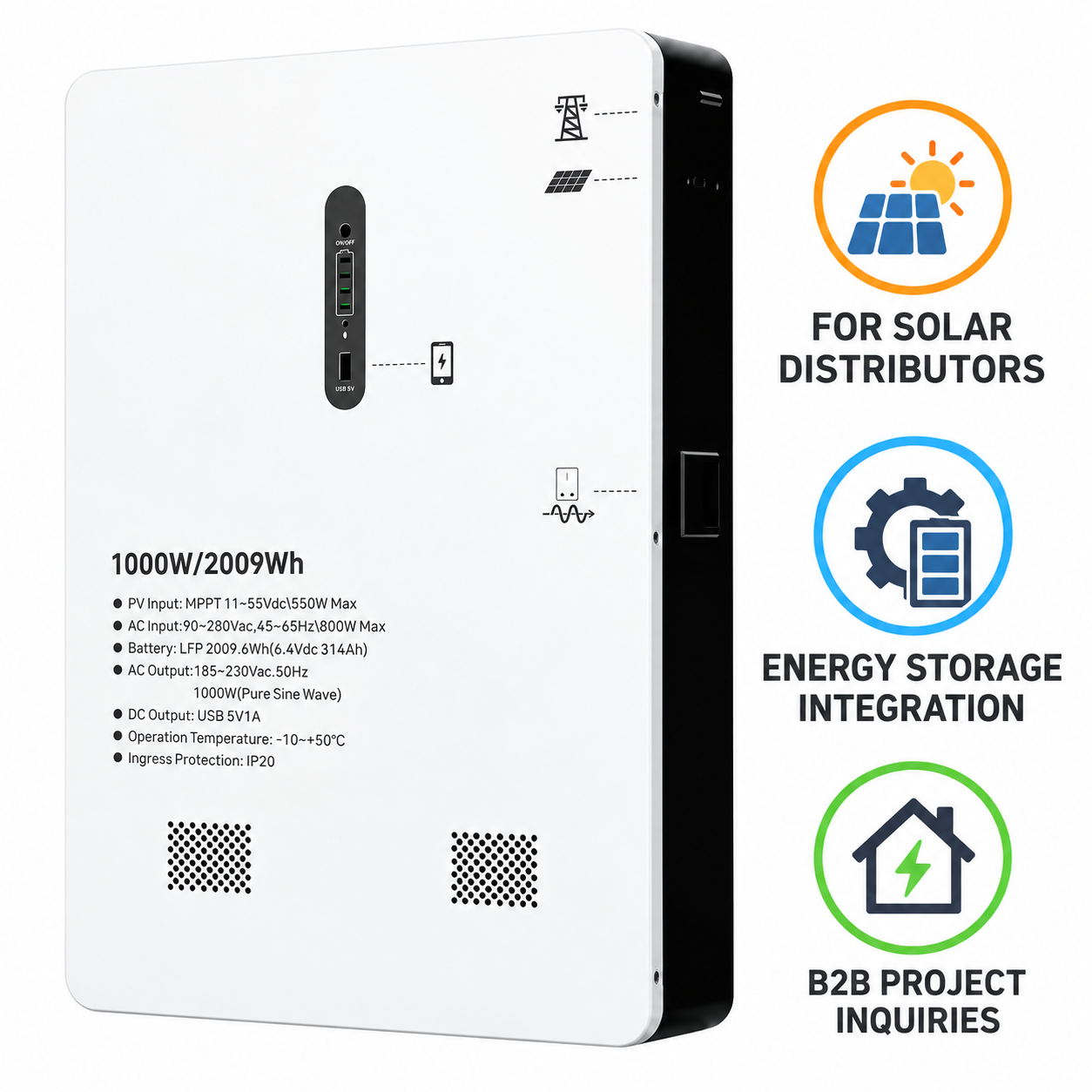 Wall-Mounted All-in-One Energy Storage System 1000W 2000Wh LiFePO4 Battery - Изображение 4