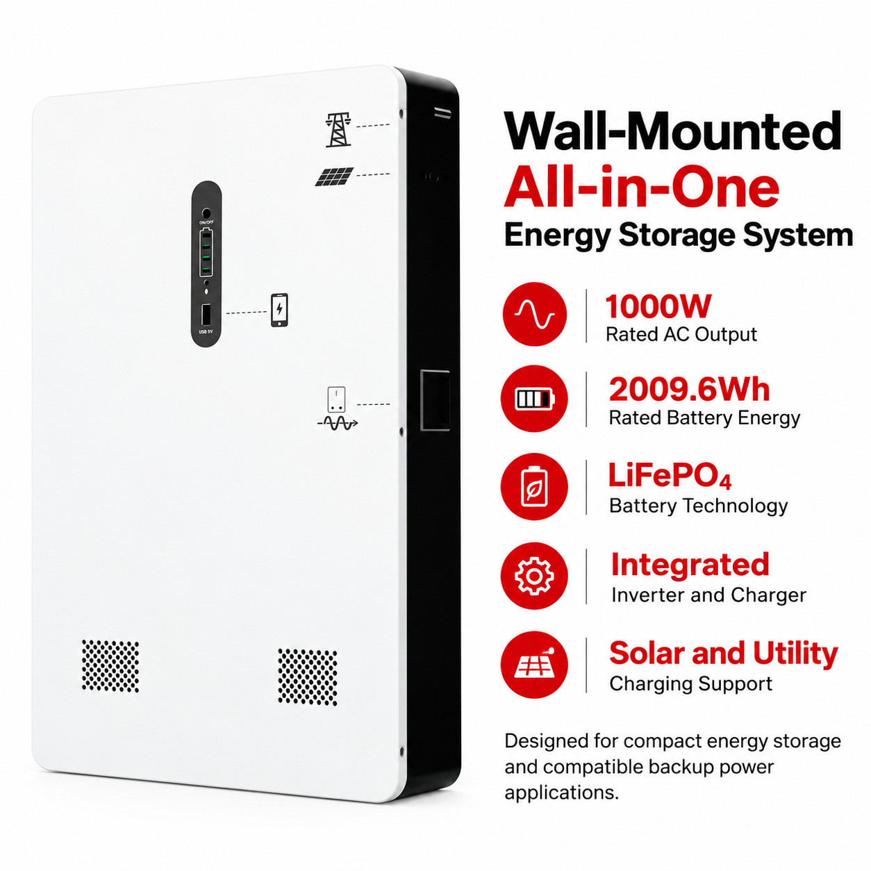 Wall-Mounted All-in-One Energy Storage System 1000W 2000Wh LiFePO4 Battery - Изображение 2
