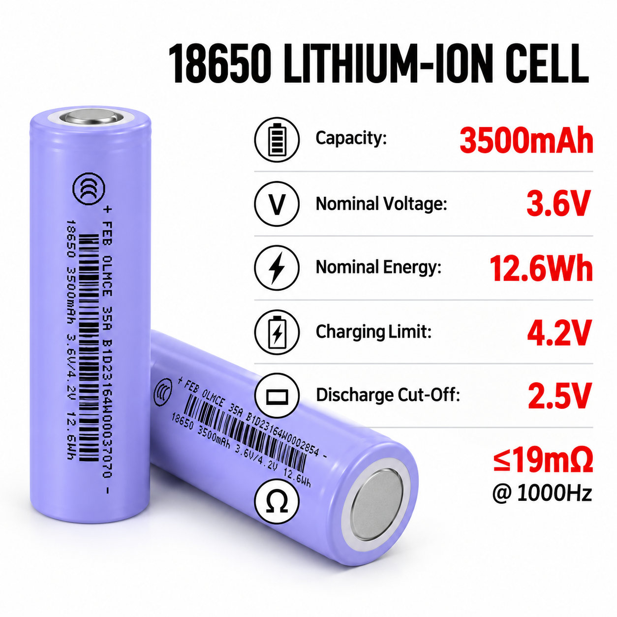 FEB 18650-35EA 3500mAh 3.6V Low Temperature Lithium-Ion Rechargeable Battery Cell - Imagen 3