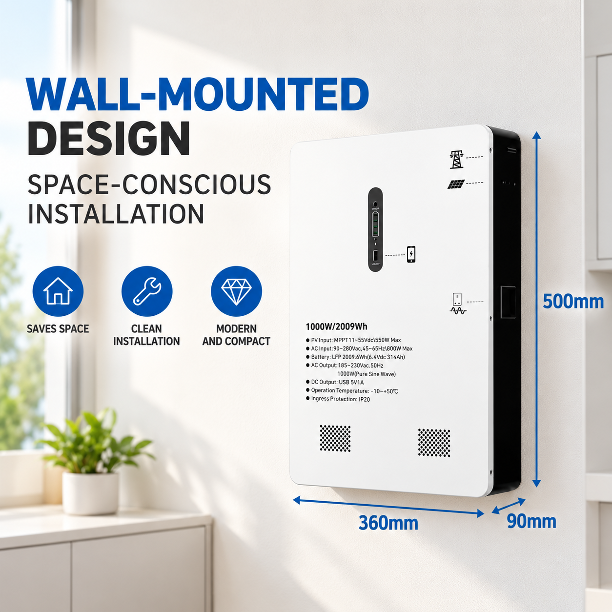 Wall-Mounted All-in-One Energy Storage System 1000W 2000Wh LiFePO4 Battery - Изображение 6