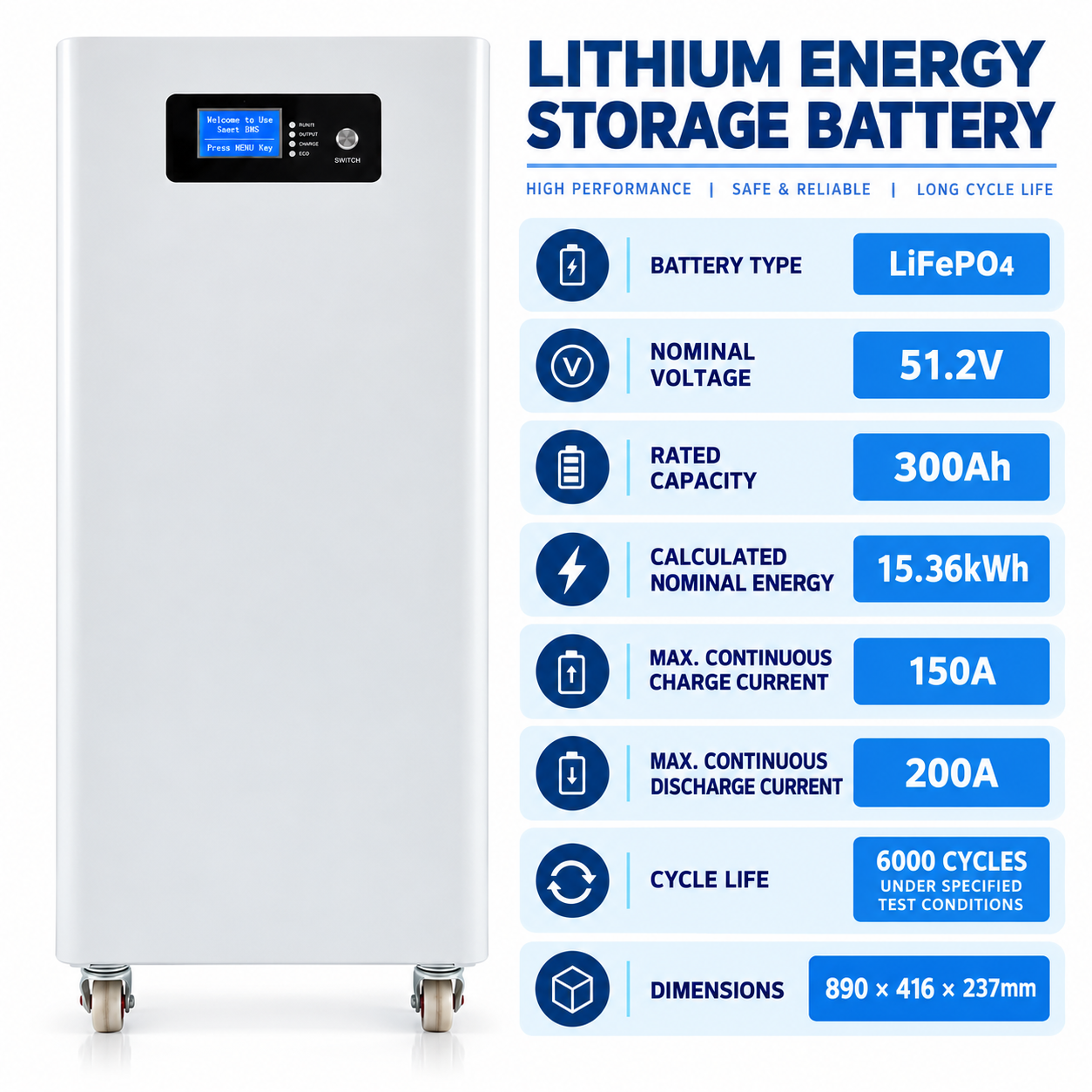 51.2V 300Ah LiFePO4 Home Energy Storage Battery for Solar Systems - Image 5